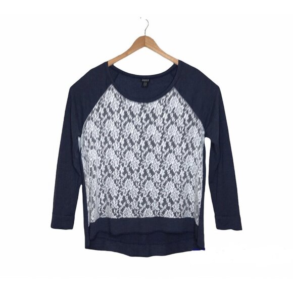 Torrid Womens Size 1 US 1X Lace Overlay Top Hi‎ Lo Blue Raglan Sleeve  Stretch - Picture 3 of 8